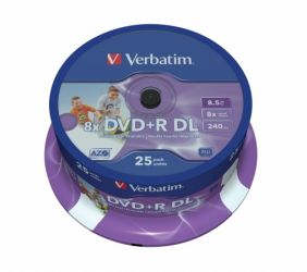 VERBATIM / DVD+R lemez, ktrteg, nyomtathat, no-ID, 8,5GB, 8x, 25 db, hengeren, VERBATIM 